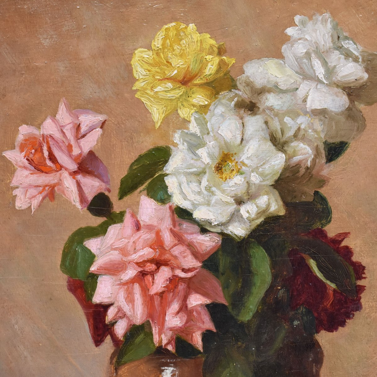 QUADRI ANTICHI, ART DECO, NATURA MORTA CON FIORI DI ROSE BIANCHE, OLIO SU TELA, XX.(QF668)-photo-4