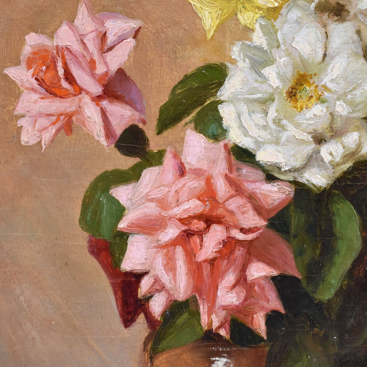 QUADRI ANTICHI, ART DECO, NATURA MORTA CON FIORI DI ROSE BIANCHE, OLIO SU TELA, XX.(QF668)-photo-1