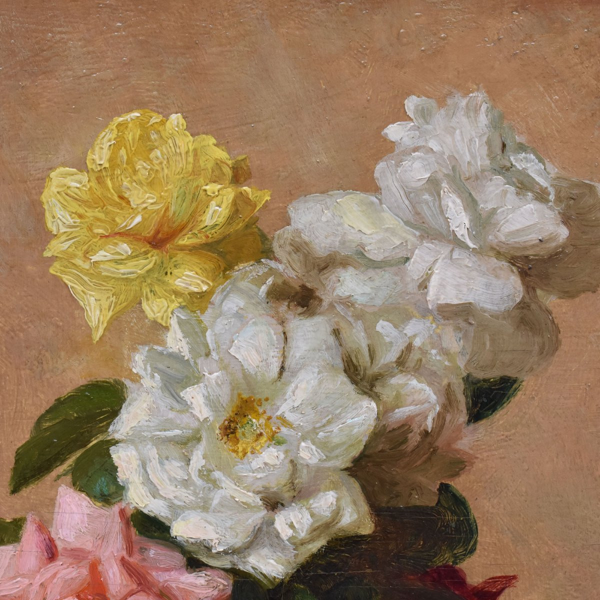 QUADRI ANTICHI, ART DECO, NATURA MORTA CON FIORI DI ROSE BIANCHE, OLIO SU TELA, XX.(QF668)-photo-2