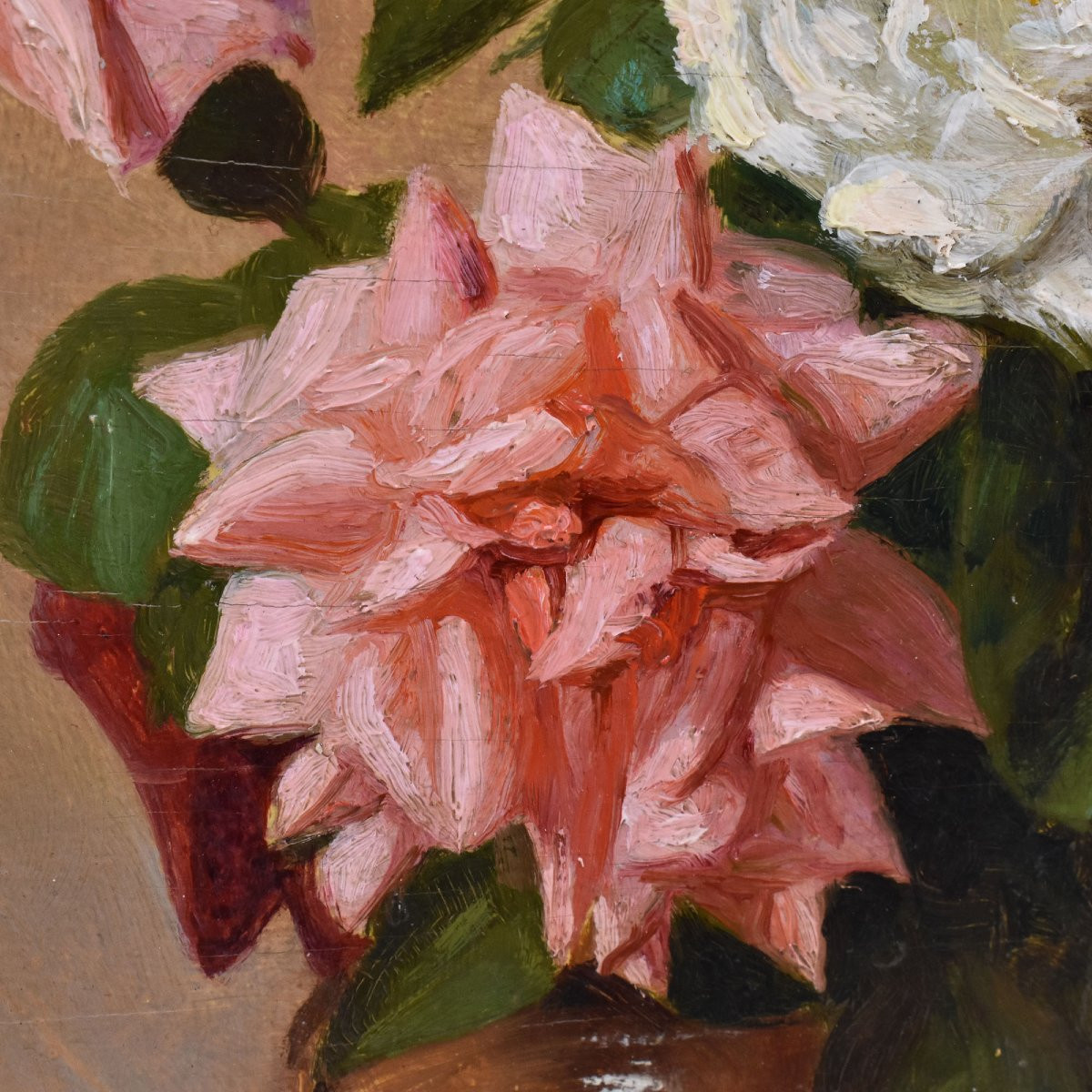 QUADRI ANTICHI, ART DECO, NATURA MORTA CON FIORI DI ROSE BIANCHE, OLIO SU TELA, XX.(QF668)-photo-4