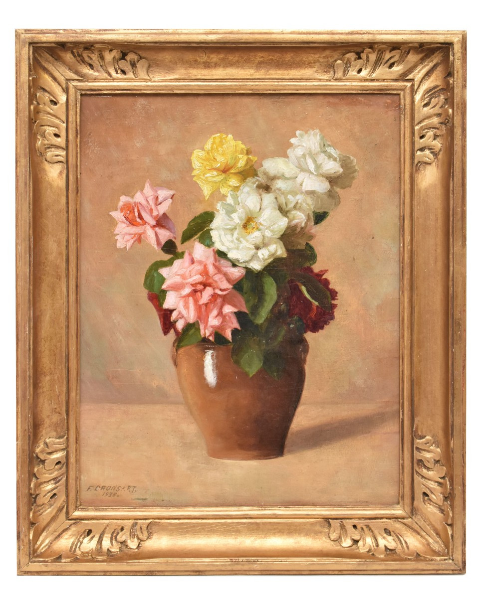 QUADRI ANTICHI, ART DECO, NATURA MORTA CON FIORI DI ROSE BIANCHE, OLIO SU TELA, XX.(QF668)