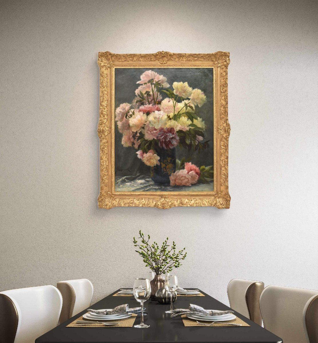 DIPINTI ANTICHI DI FIORI, NATURE MORTE CON PEONIE, OLIO SU TELA, EPOCA OTTOCENTO. (QF673)-photo-2