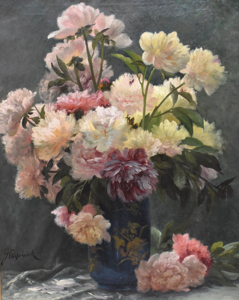 DIPINTI ANTICHI DI FIORI, NATURE MORTE CON PEONIE, OLIO SU TELA, EPOCA OTTOCENTO. (QF673)-photo-3