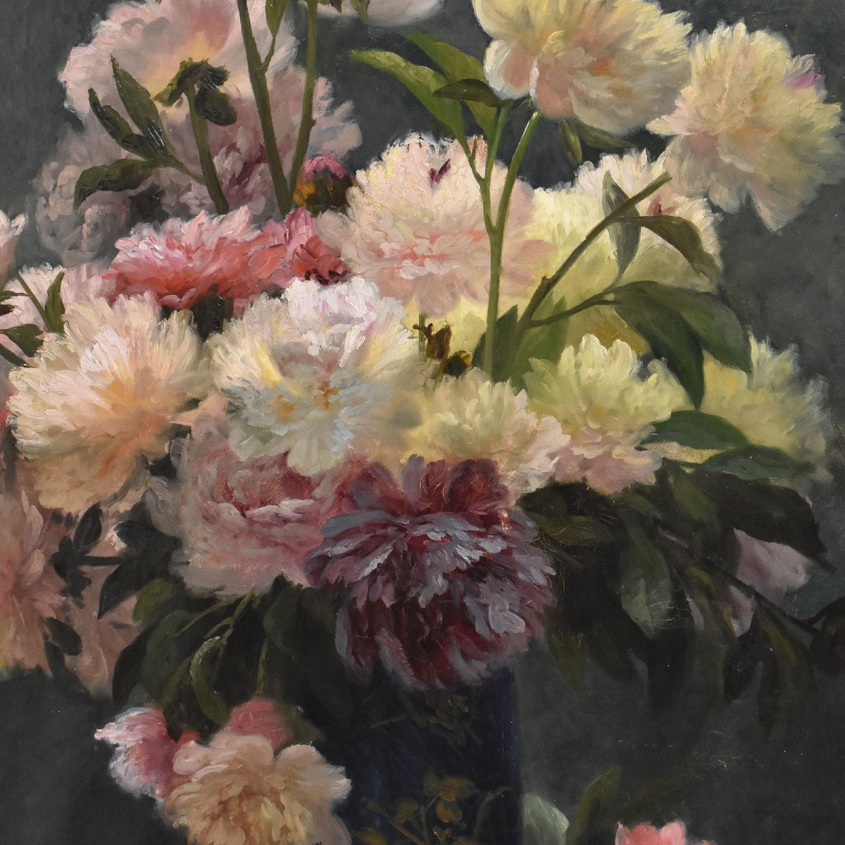 DIPINTI ANTICHI DI FIORI, NATURE MORTE CON PEONIE, OLIO SU TELA, EPOCA OTTOCENTO. (QF673)-photo-4