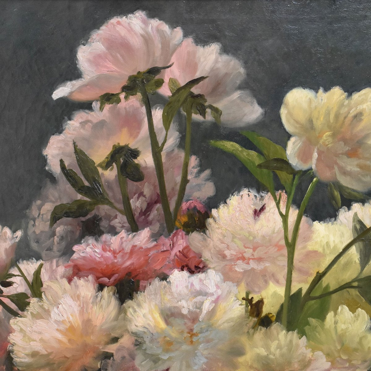 DIPINTI ANTICHI DI FIORI, NATURE MORTE CON PEONIE, OLIO SU TELA, EPOCA OTTOCENTO. (QF673)-photo-1
