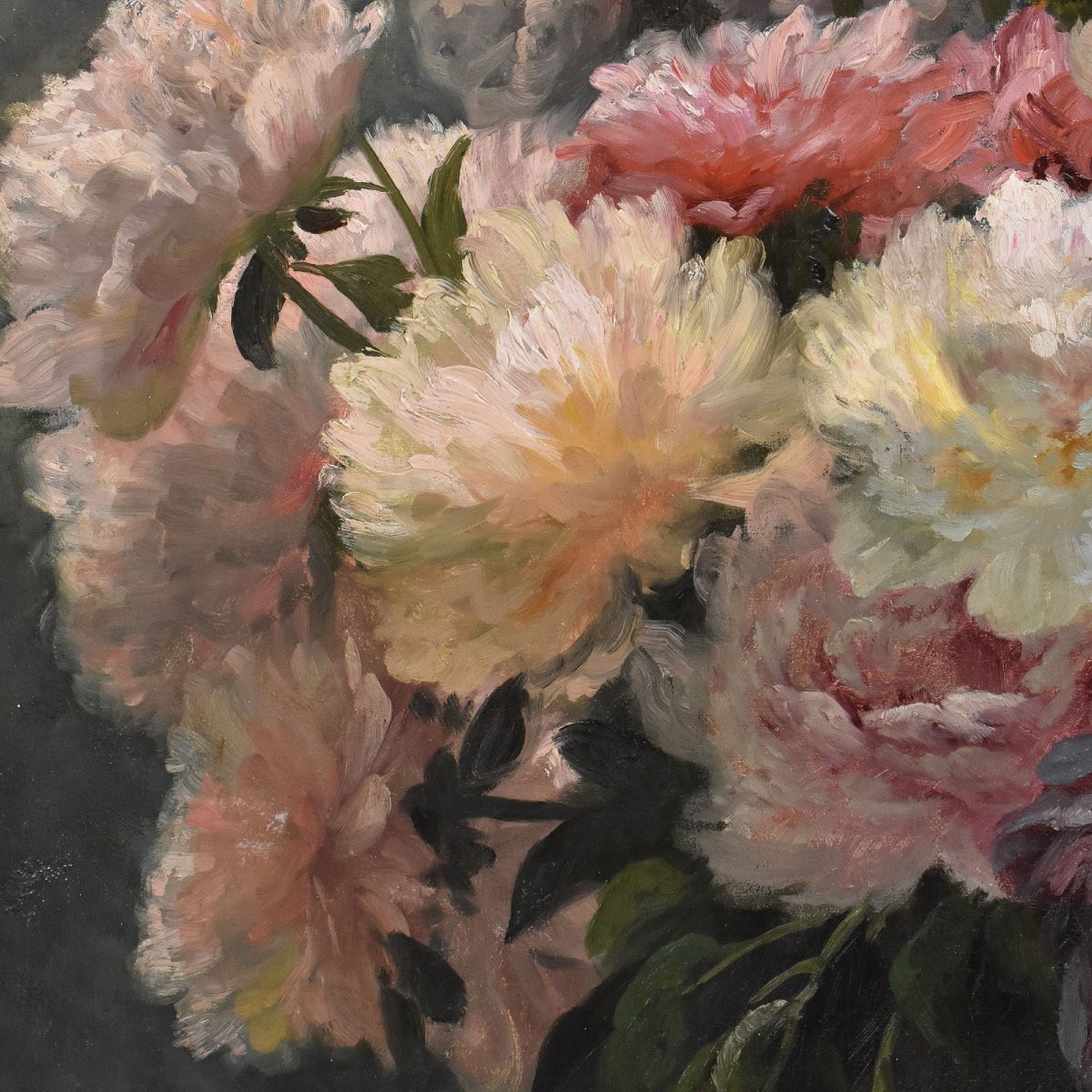 DIPINTI ANTICHI DI FIORI, NATURE MORTE CON PEONIE, OLIO SU TELA, EPOCA OTTOCENTO. (QF673)-photo-2