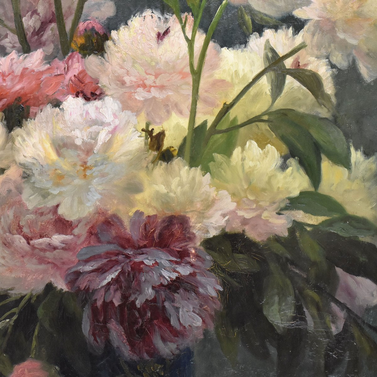 DIPINTI ANTICHI DI FIORI, NATURE MORTE CON PEONIE, OLIO SU TELA, EPOCA OTTOCENTO. (QF673)-photo-3