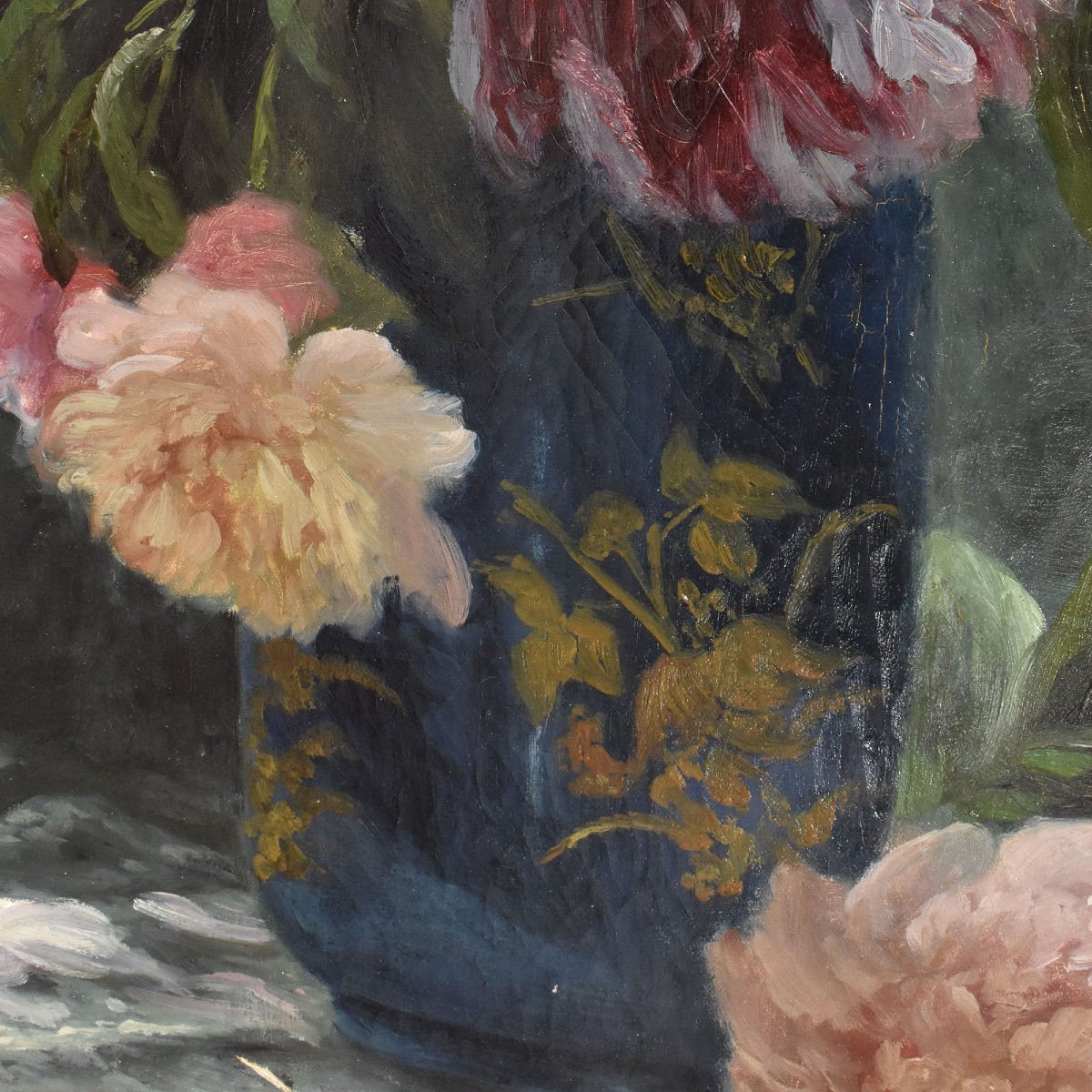 DIPINTI ANTICHI DI FIORI, NATURE MORTE CON PEONIE, OLIO SU TELA, EPOCA OTTOCENTO. (QF673)-photo-4