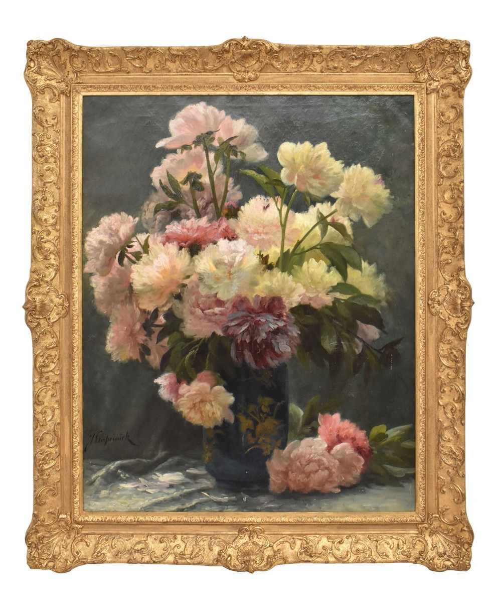 DIPINTI ANTICHI DI FIORI, NATURE MORTE CON PEONIE, OLIO SU TELA, EPOCA OTTOCENTO. (QF673)