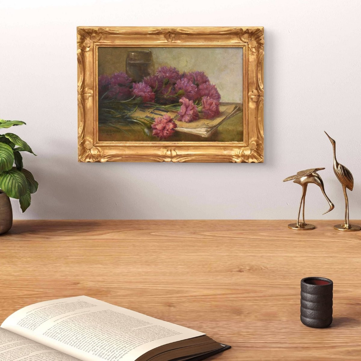 QUADRI ANTICHI, ART DECO, NATURA MORTA, FIORI DI GAROFANI E LIBRO, OLIO SU CARTONE, XX. (QF671)-photo-2