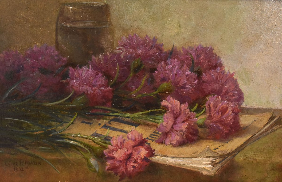 QUADRI ANTICHI, ART DECO, NATURA MORTA, FIORI DI GAROFANI E LIBRO, OLIO SU CARTONE, XX. (QF671)-photo-3