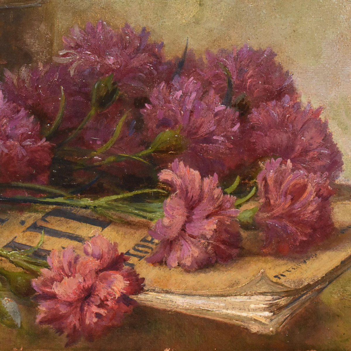 QUADRI ANTICHI, ART DECO, NATURA MORTA, FIORI DI GAROFANI E LIBRO, OLIO SU CARTONE, XX. (QF671)-photo-4