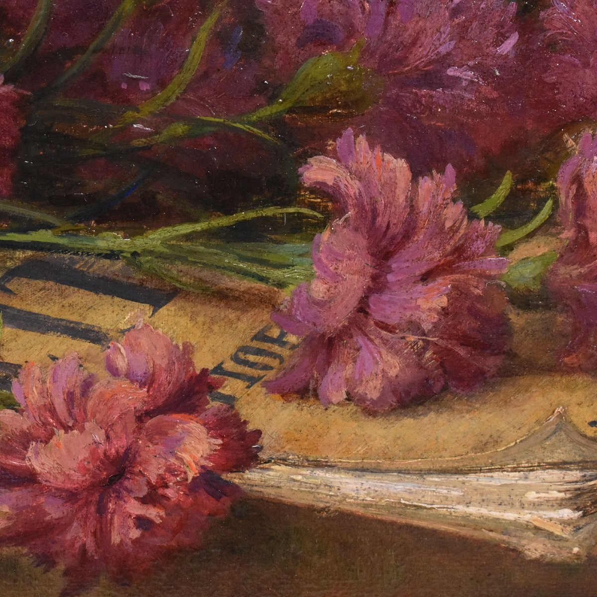 QUADRI ANTICHI, ART DECO, NATURA MORTA, FIORI DI GAROFANI E LIBRO, OLIO SU CARTONE, XX. (QF671)-photo-1