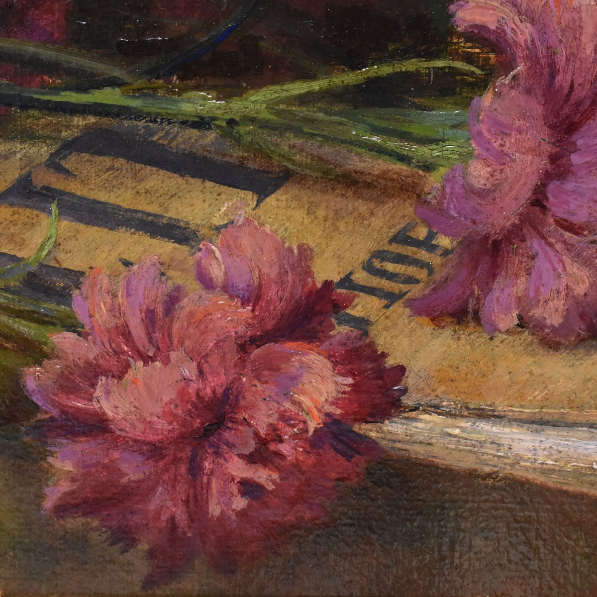 QUADRI ANTICHI, ART DECO, NATURA MORTA, FIORI DI GAROFANI E LIBRO, OLIO SU CARTONE, XX. (QF671)-photo-3