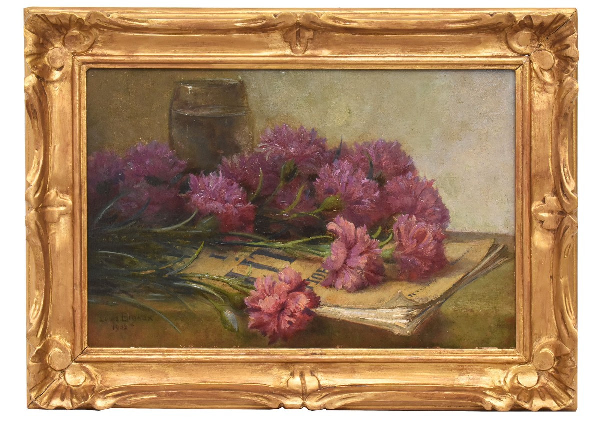 QUADRI ANTICHI, ART DECO, NATURA MORTA, FIORI DI GAROFANI E LIBRO, OLIO SU CARTONE, XX. (QF671)