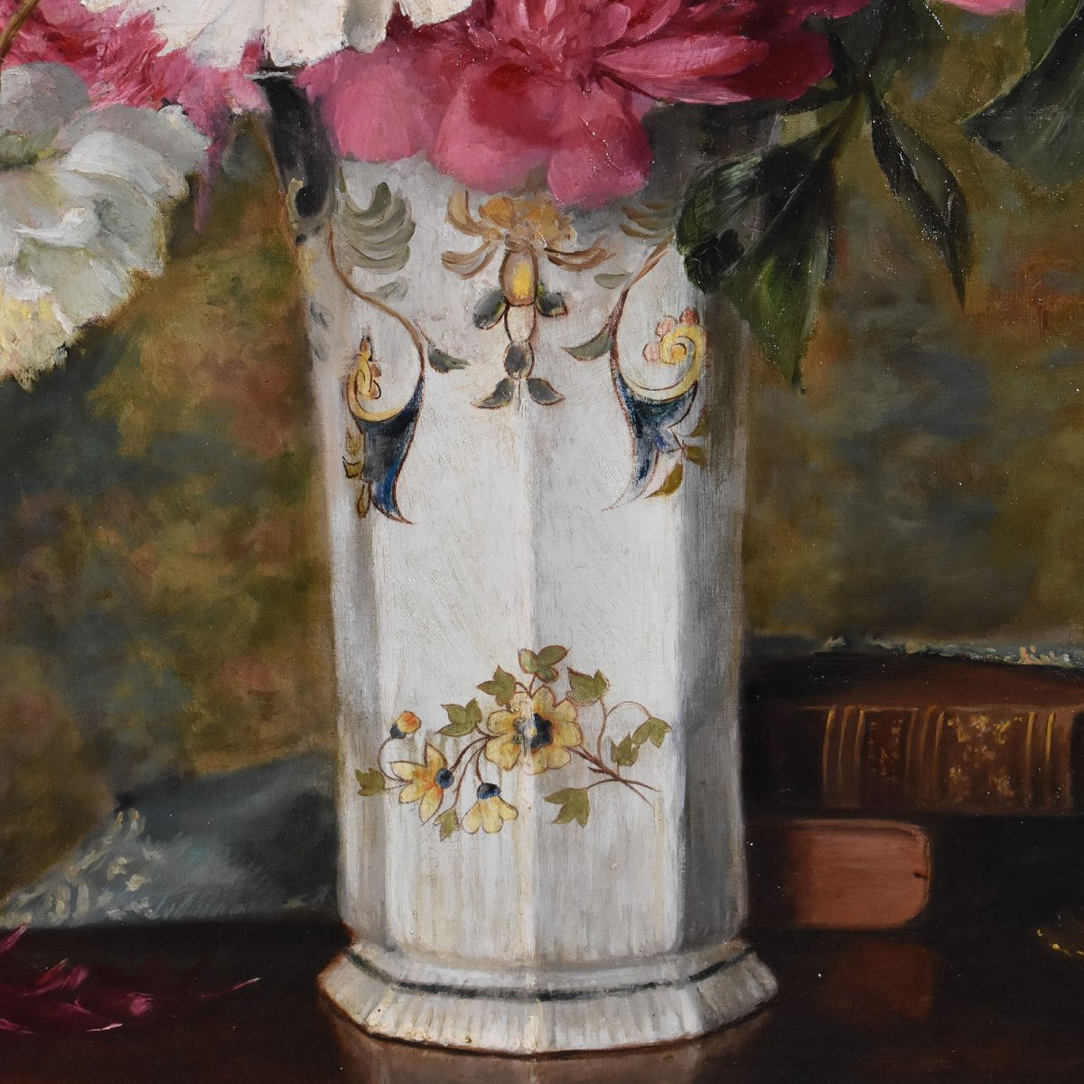 DIPINTI ANTICHI DI FIORI, NATURE MORTE CON PEONIE E LIBRI, OLIO SU TELA, EPOCA 1800. (QF672)-photo-1