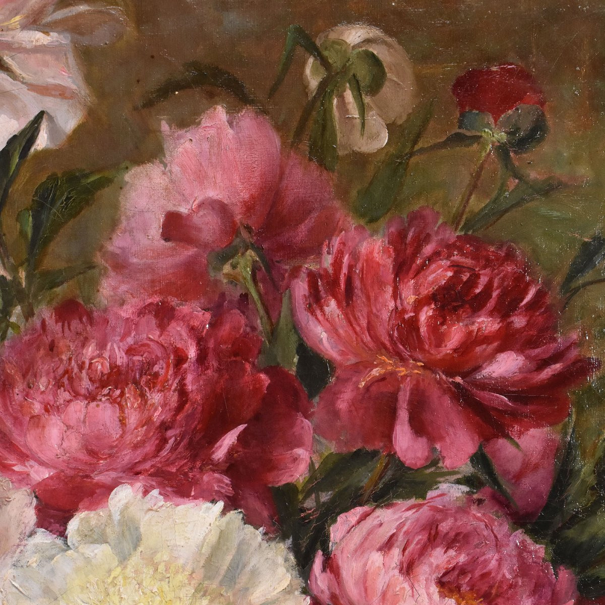 DIPINTI ANTICHI DI FIORI, NATURE MORTE CON PEONIE E LIBRI, OLIO SU TELA, EPOCA 1800. (QF672)-photo-2