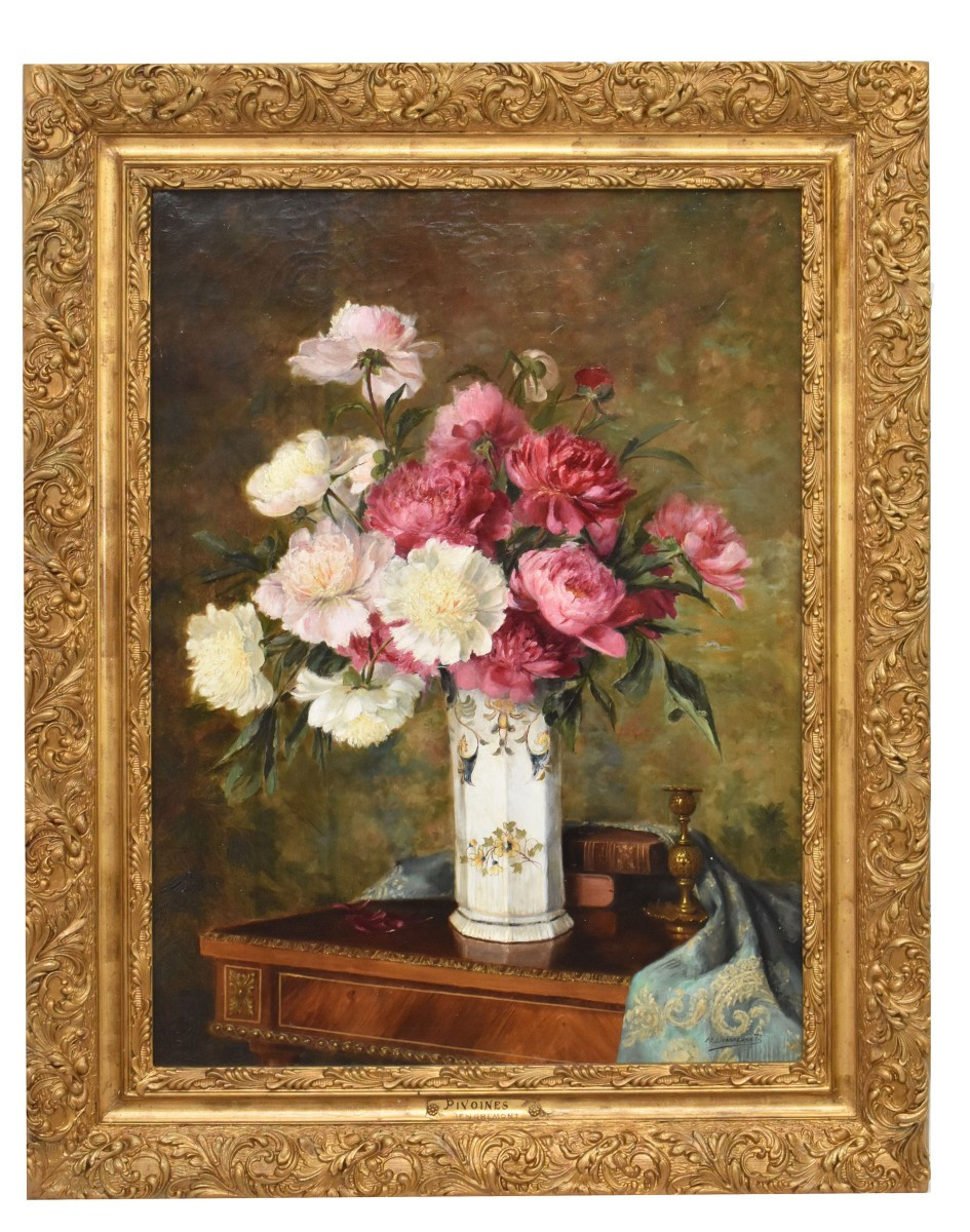 DIPINTI ANTICHI DI FIORI, NATURE MORTE CON PEONIE E LIBRI, OLIO SU TELA, EPOCA 1800. (QF672)
