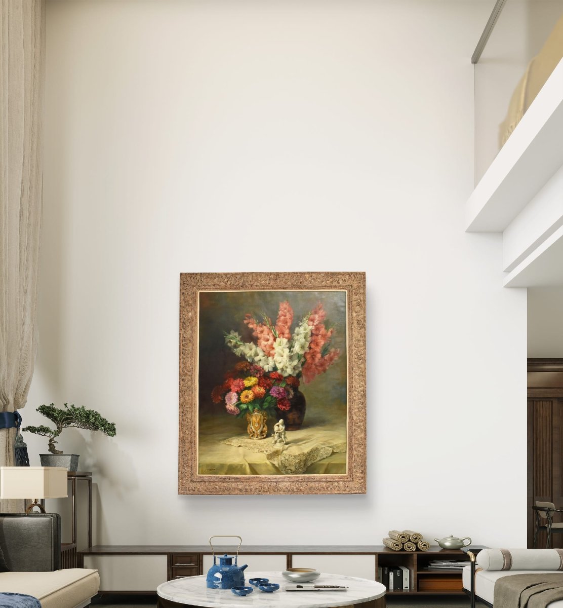 DIPINTI ANTICHI FIORI DI IRIS E GERBERE, GRANDE OLIO SU TELA, ART DECO, JULIEN STAPPERS.(QF674)-photo-2