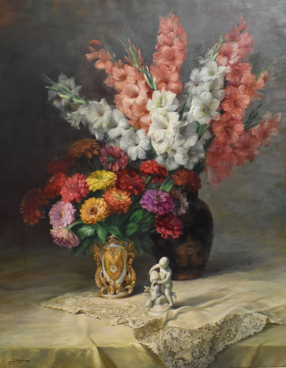 DIPINTI ANTICHI FIORI DI IRIS E GERBERE, GRANDE OLIO SU TELA, ART DECO, JULIEN STAPPERS.(QF674)-photo-3