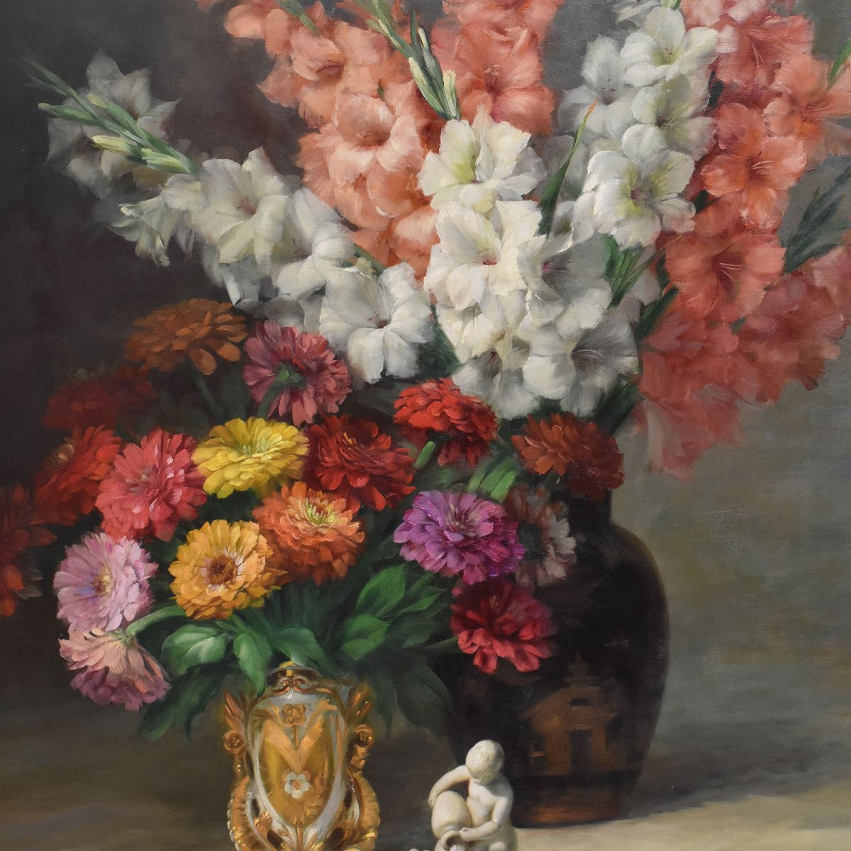 DIPINTI ANTICHI FIORI DI IRIS E GERBERE, GRANDE OLIO SU TELA, ART DECO, JULIEN STAPPERS.(QF674)-photo-4