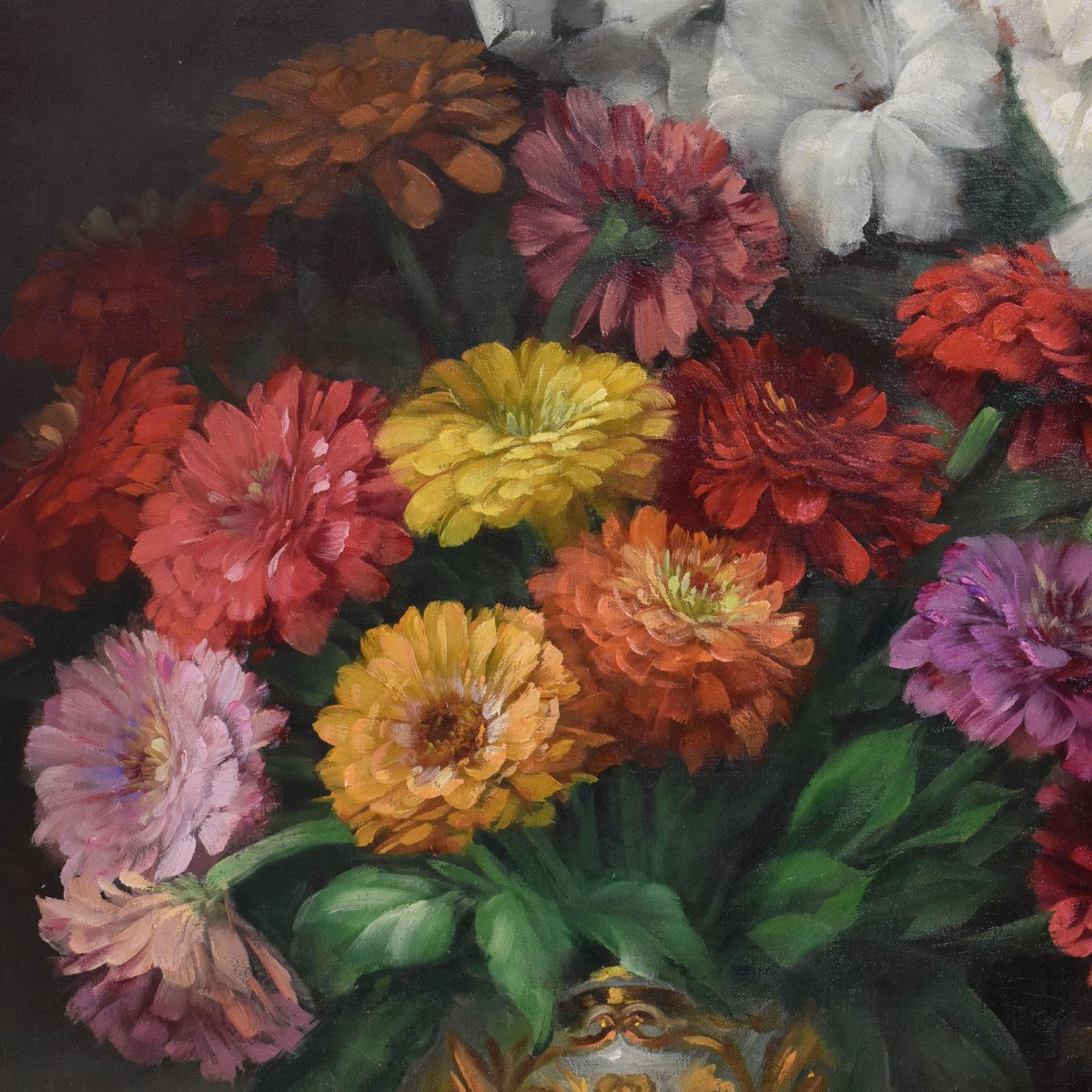 DIPINTI ANTICHI FIORI DI IRIS E GERBERE, GRANDE OLIO SU TELA, ART DECO, JULIEN STAPPERS.(QF674)-photo-2