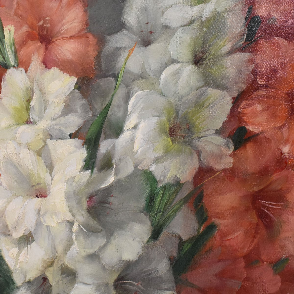 DIPINTI ANTICHI FIORI DI IRIS E GERBERE, GRANDE OLIO SU TELA, ART DECO, JULIEN STAPPERS.(QF674)-photo-3