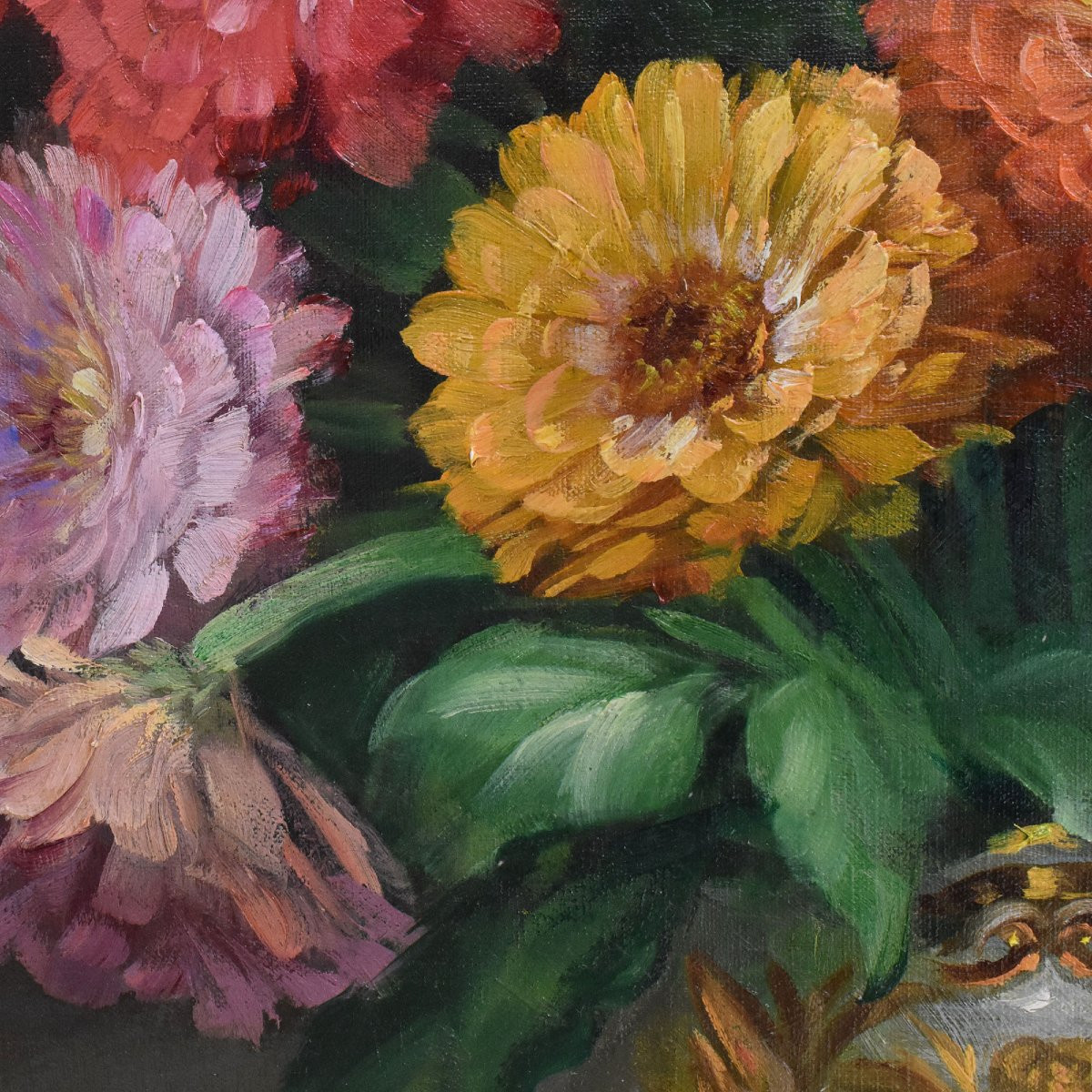 DIPINTI ANTICHI FIORI DI IRIS E GERBERE, GRANDE OLIO SU TELA, ART DECO, JULIEN STAPPERS.(QF674)-photo-4