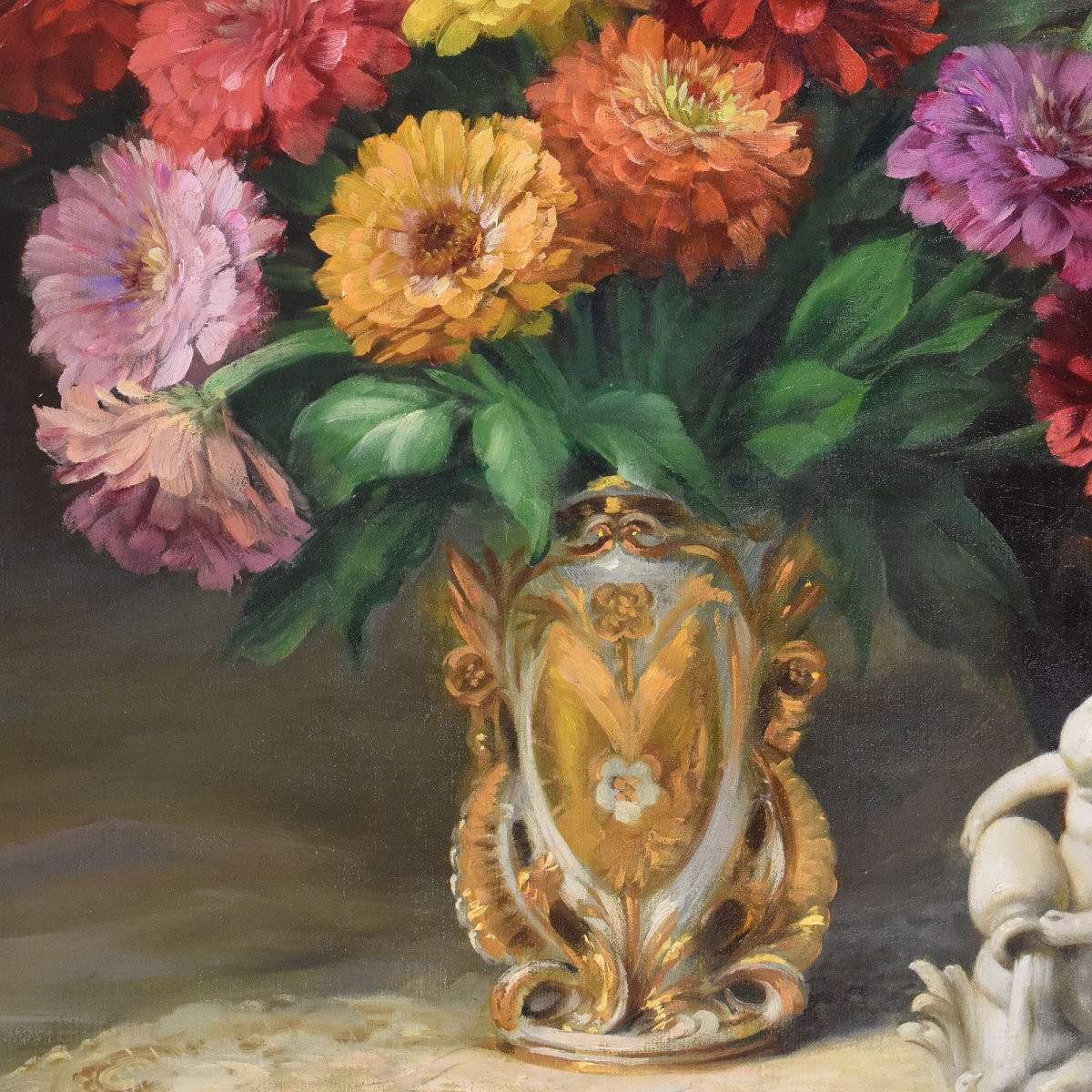 DIPINTI ANTICHI FIORI DI IRIS E GERBERE, GRANDE OLIO SU TELA, ART DECO, JULIEN STAPPERS.(QF674)-photo-5