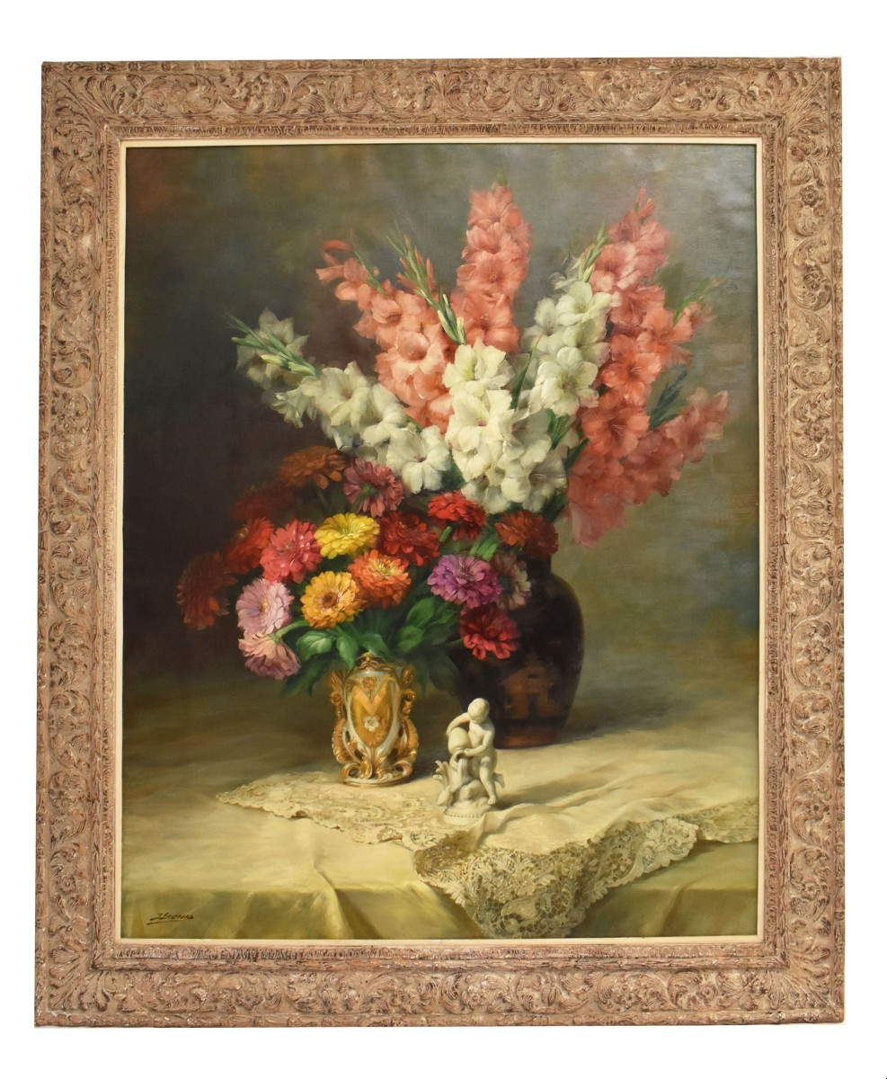 DIPINTI ANTICHI FIORI DI IRIS E GERBERE, GRANDE OLIO SU TELA, ART DECO, JULIEN STAPPERS.(QF674)