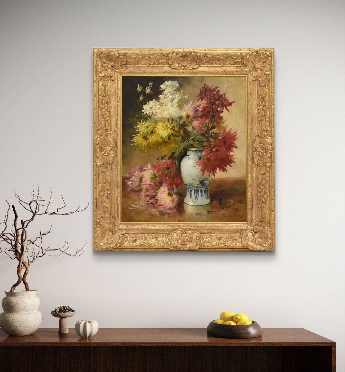 Dipinti Antichi, Quadri Natura Morta Con Fiori Di Dalie, Vaso Di Fiori, Epoca Ottocento.(QF675)-photo-2