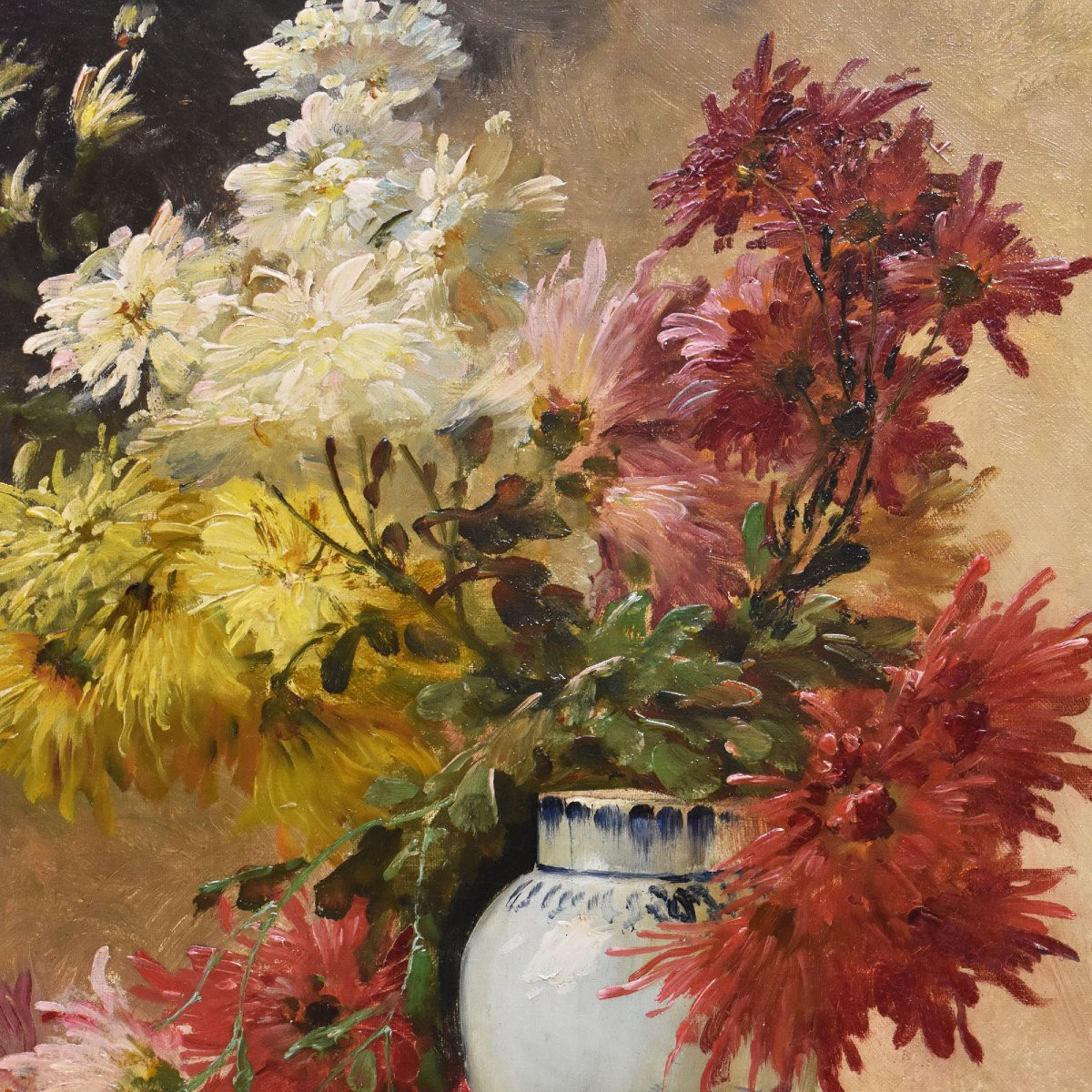 Dipinti Antichi, Quadri Natura Morta Con Fiori Di Dalie, Vaso Di Fiori, Epoca Ottocento.(QF675)-photo-4