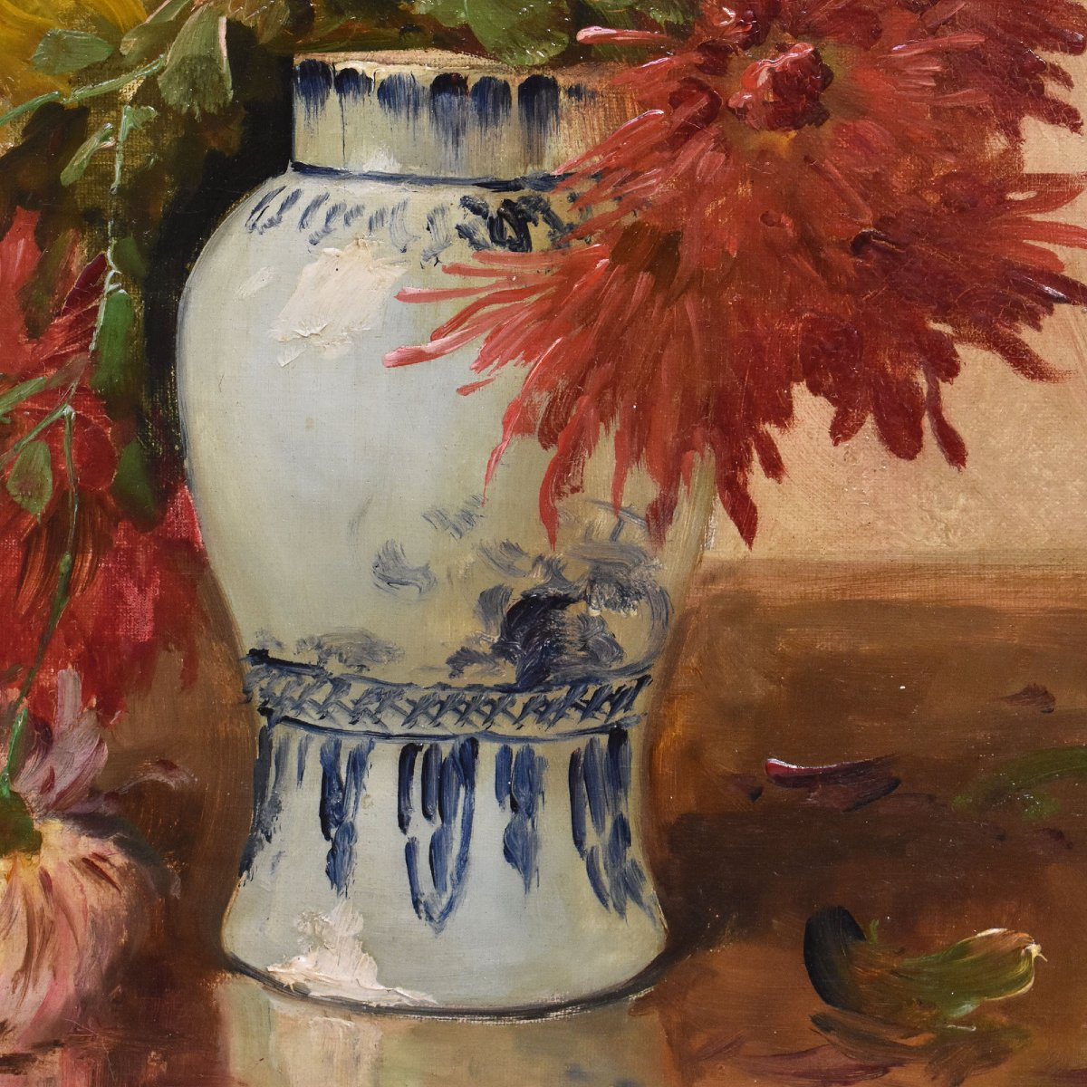 Dipinti Antichi, Quadri Natura Morta Con Fiori Di Dalie, Vaso Di Fiori, Epoca Ottocento.(QF675)-photo-1