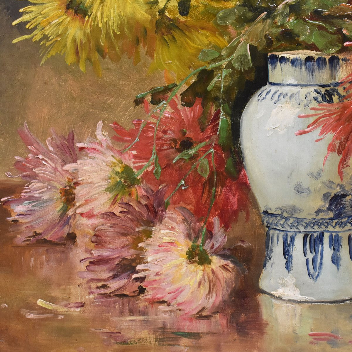 Dipinti Antichi, Quadri Natura Morta Con Fiori Di Dalie, Vaso Di Fiori, Epoca Ottocento.(QF675)-photo-3