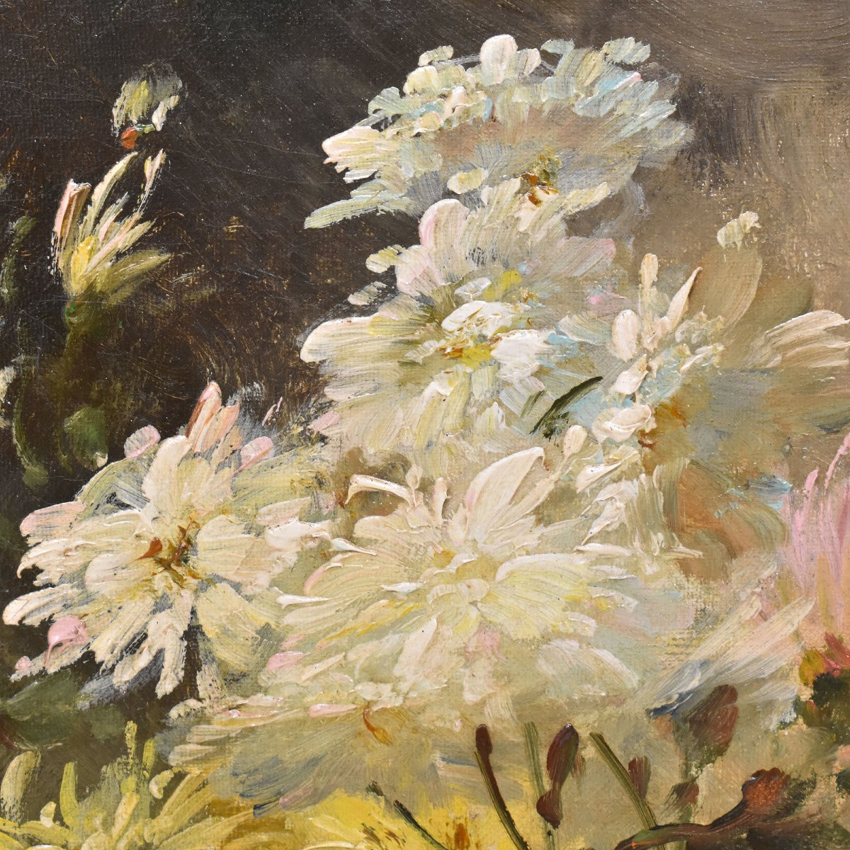 Dipinti Antichi, Quadri Natura Morta Con Fiori Di Dalie, Vaso Di Fiori, Epoca Ottocento.(QF675)-photo-4