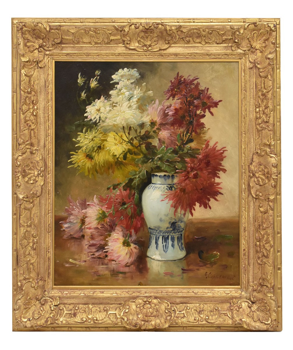 Dipinti Antichi, Quadri Natura Morta Con Fiori Di Dalie, Vaso Di Fiori, Epoca Ottocento.(QF675)