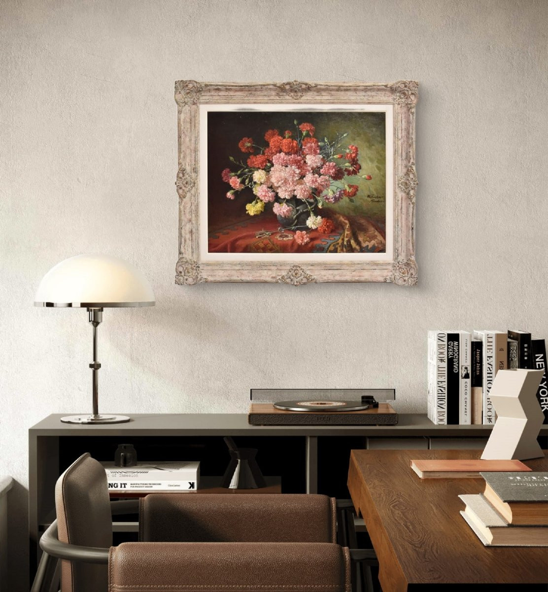 QUADRI ANTICHI, NATURA MORTA CON FIORI DI GAROFANI, OLIO SU TELA, FINE DEL XIX SECOLO. (QF676)-photo-2