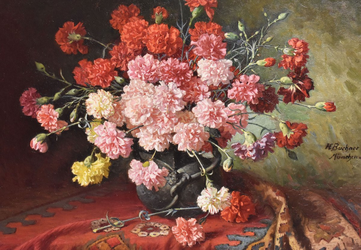 QUADRI ANTICHI, NATURA MORTA CON FIORI DI GAROFANI, OLIO SU TELA, FINE DEL XIX SECOLO. (QF676)-photo-3