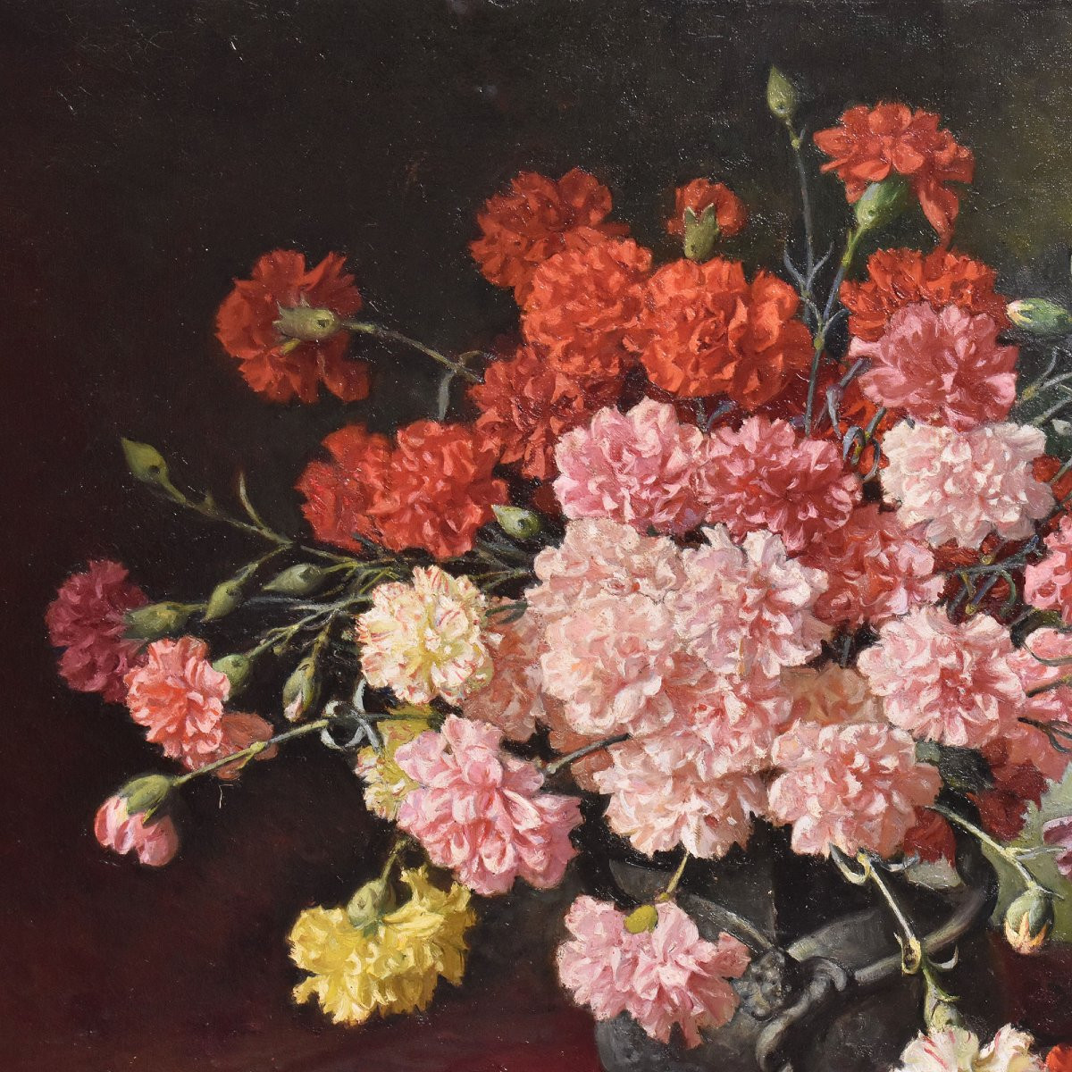 QUADRI ANTICHI, NATURA MORTA CON FIORI DI GAROFANI, OLIO SU TELA, FINE DEL XIX SECOLO. (QF676)-photo-4