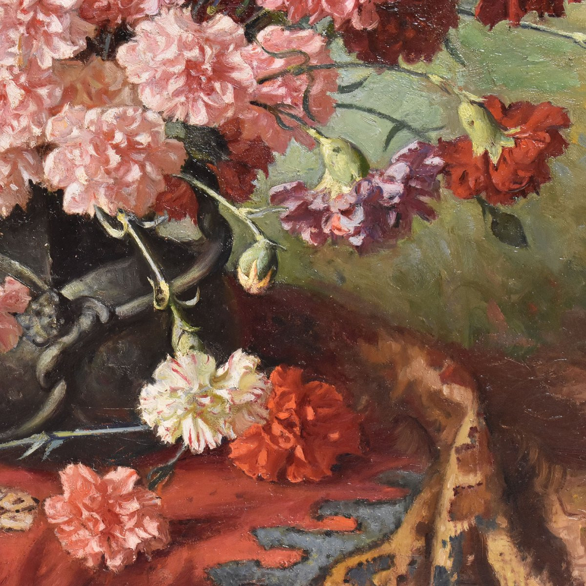 QUADRI ANTICHI, NATURA MORTA CON FIORI DI GAROFANI, OLIO SU TELA, FINE DEL XIX SECOLO. (QF676)-photo-1