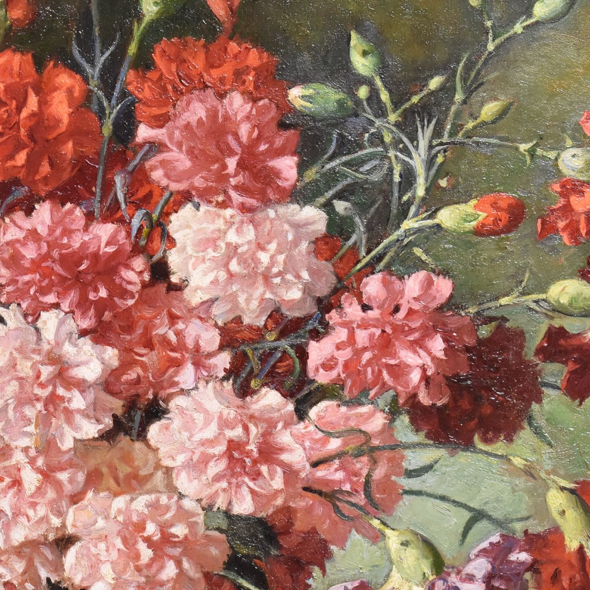 QUADRI ANTICHI, NATURA MORTA CON FIORI DI GAROFANI, OLIO SU TELA, FINE DEL XIX SECOLO. (QF676)-photo-2