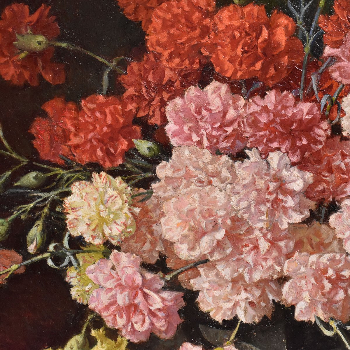 QUADRI ANTICHI, NATURA MORTA CON FIORI DI GAROFANI, OLIO SU TELA, FINE DEL XIX SECOLO. (QF676)-photo-3