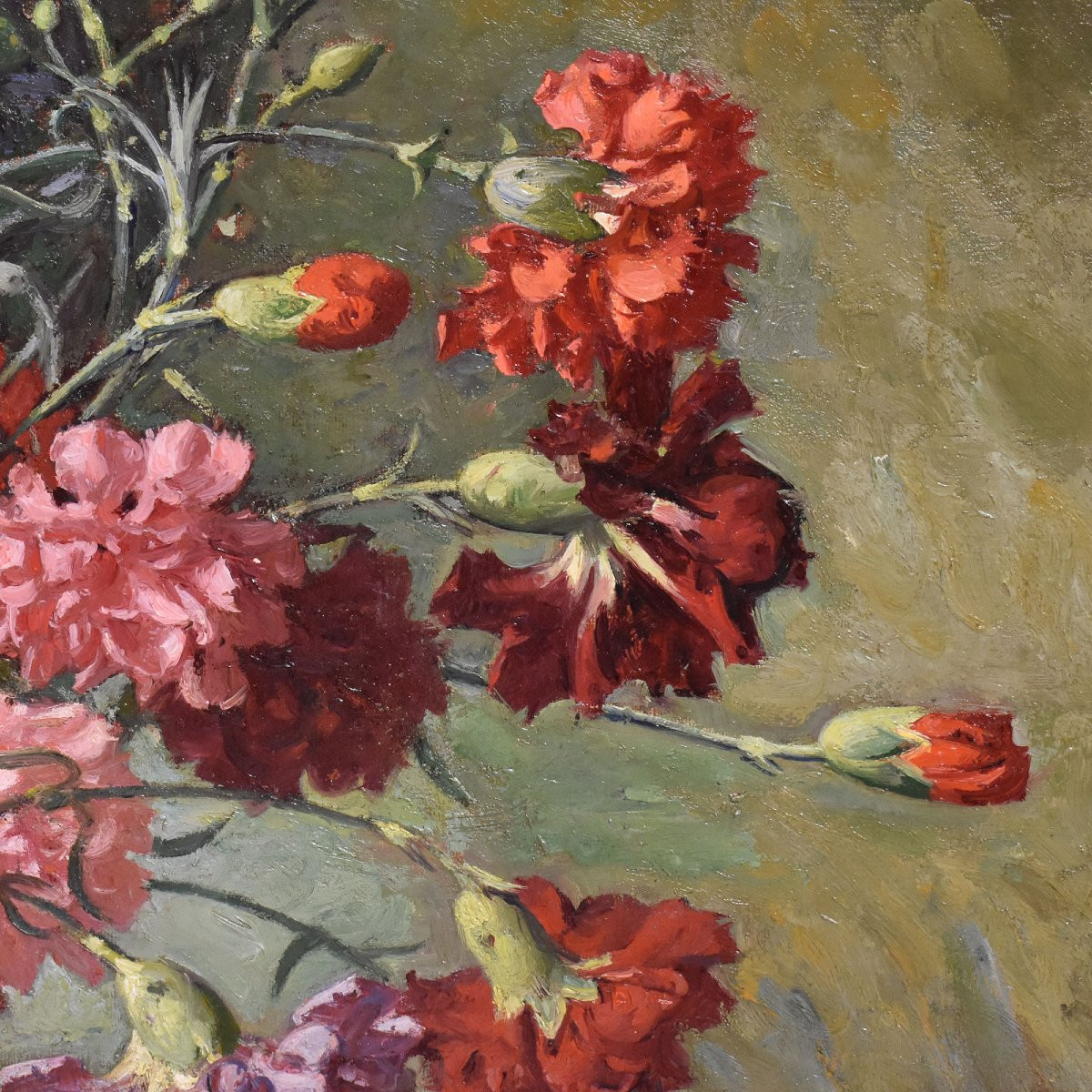 QUADRI ANTICHI, NATURA MORTA CON FIORI DI GAROFANI, OLIO SU TELA, FINE DEL XIX SECOLO. (QF676)-photo-4