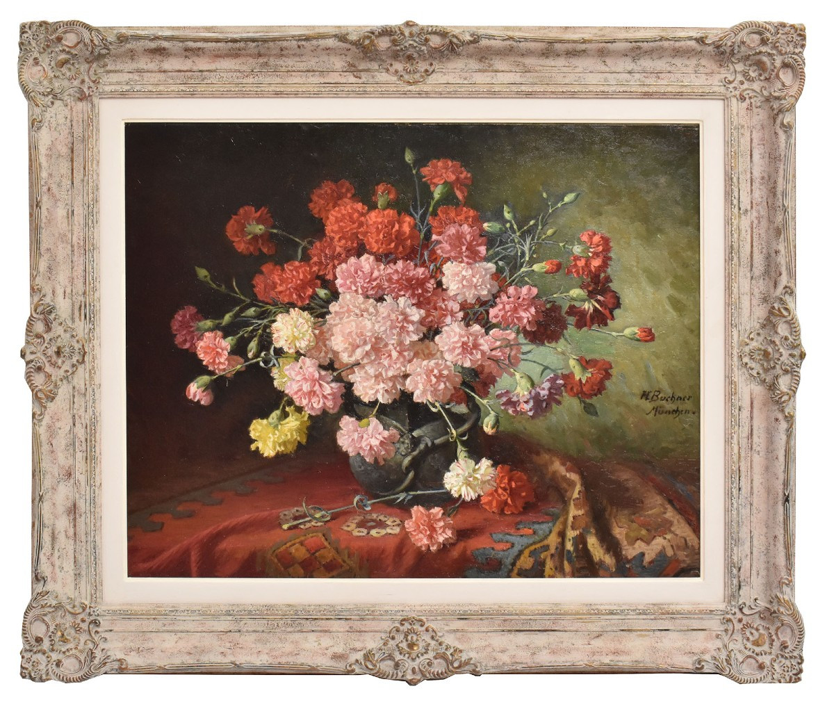 QUADRI ANTICHI, NATURA MORTA CON FIORI DI GAROFANI, OLIO SU TELA, FINE DEL XIX SECOLO. (QF676)
