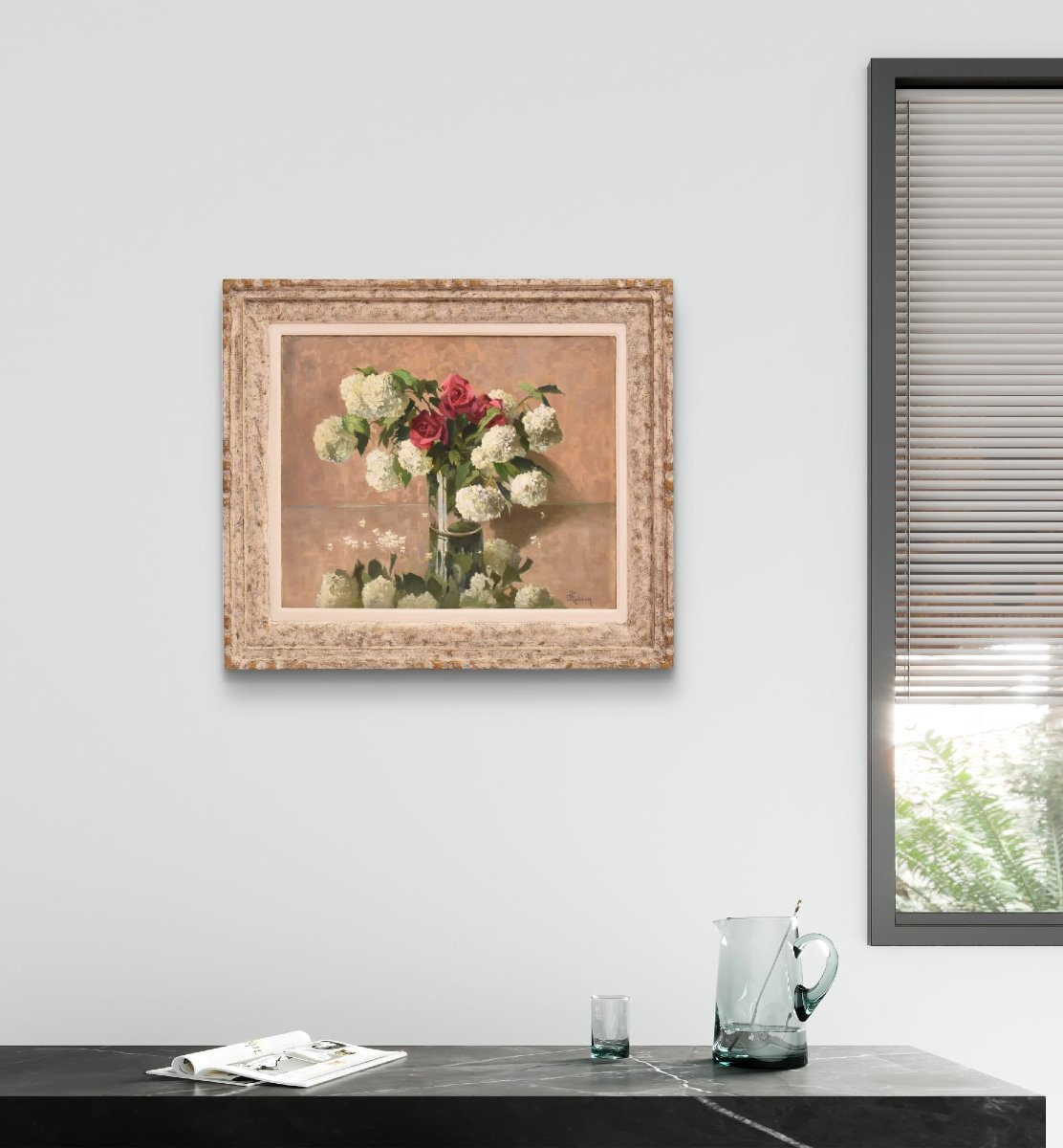 DIPINTI ANTICHI CON FIORI DI ROSE ROSA E PALLON DI MAGGIO, NATURE MORTE, OLIO SU TELA, XX. (QF6-photo-2