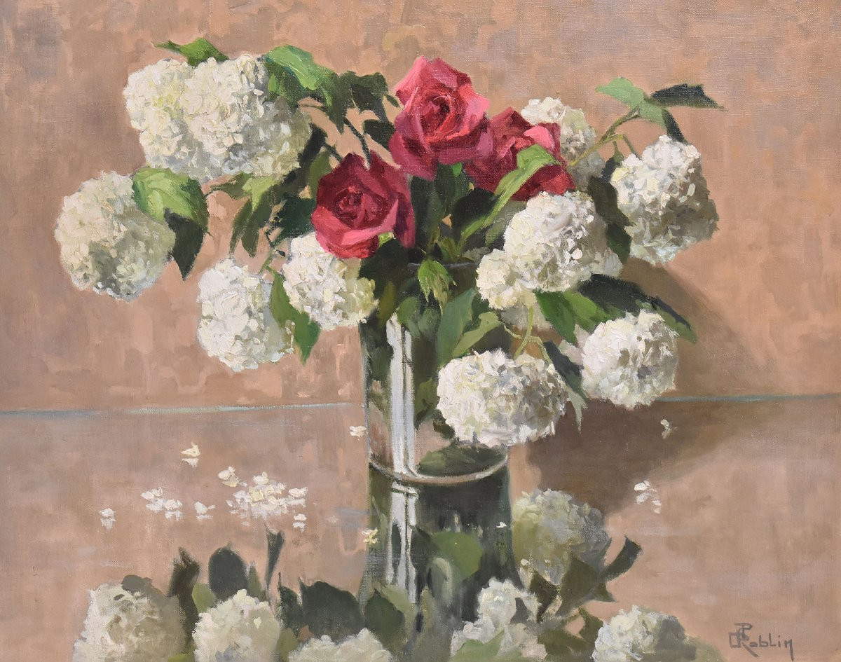 DIPINTI ANTICHI CON FIORI DI ROSE ROSA E PALLON DI MAGGIO, NATURE MORTE, OLIO SU TELA, XX. (QF6-photo-3