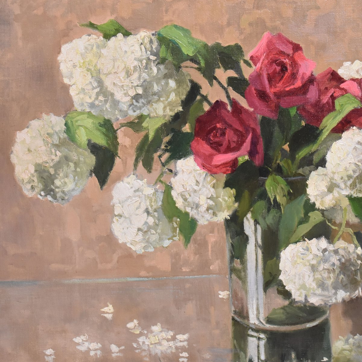 DIPINTI ANTICHI CON FIORI DI ROSE ROSA E PALLON DI MAGGIO, NATURE MORTE, OLIO SU TELA, XX. (QF6-photo-4