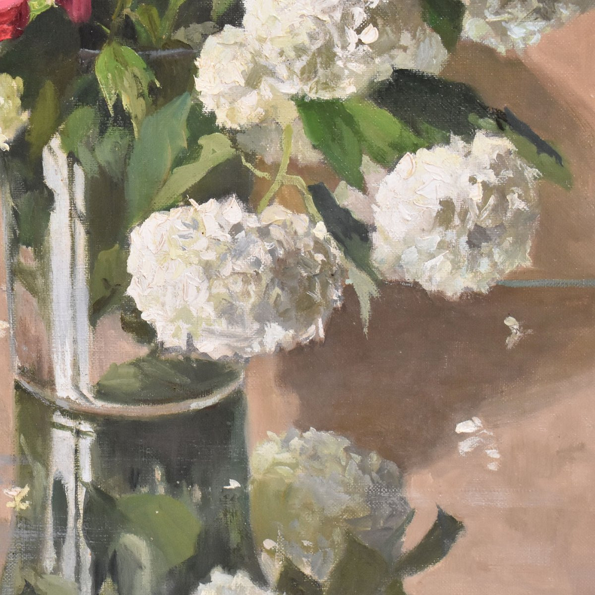 DIPINTI ANTICHI CON FIORI DI ROSE ROSA E PALLON DI MAGGIO, NATURE MORTE, OLIO SU TELA, XX. (QF6-photo-1