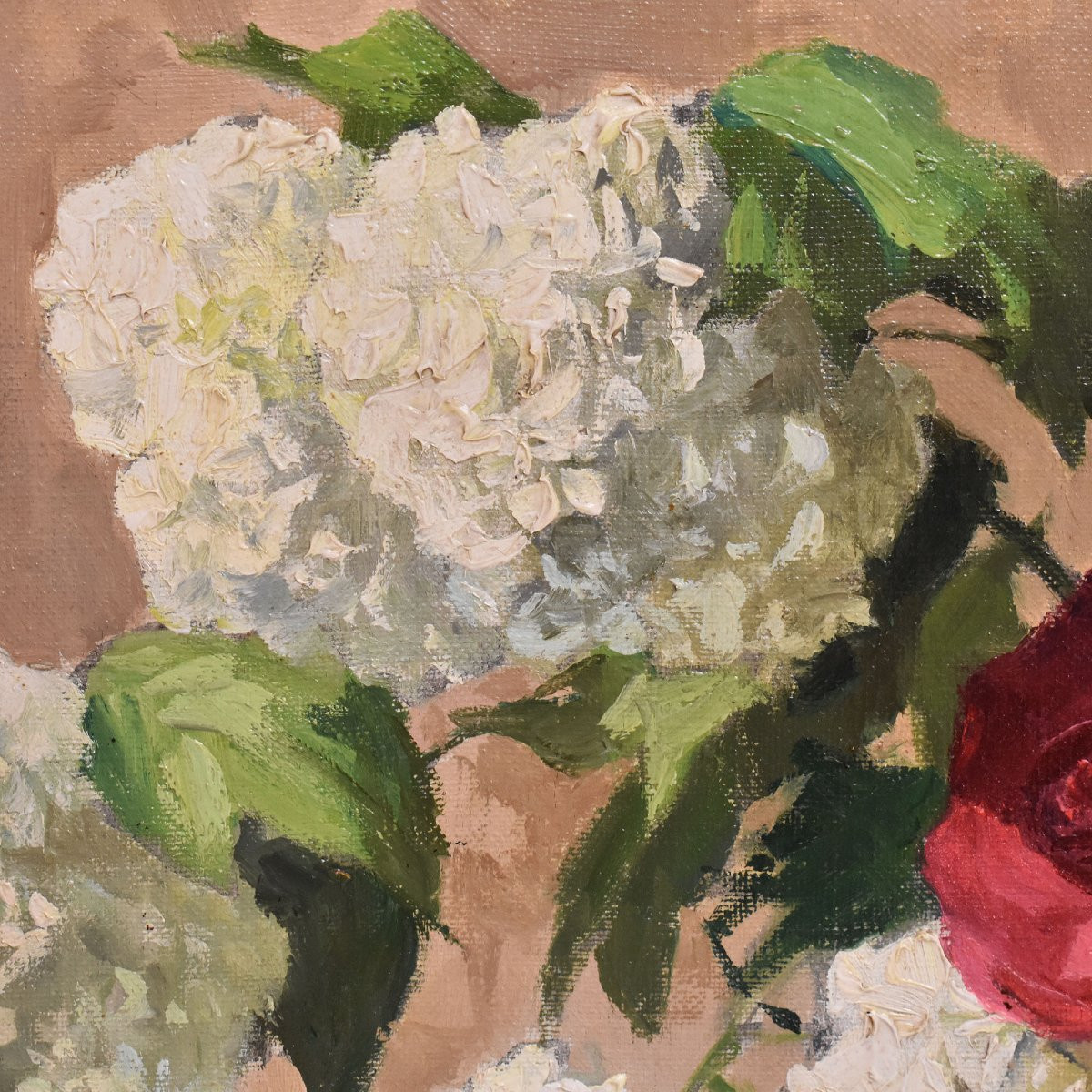 DIPINTI ANTICHI CON FIORI DI ROSE ROSA E PALLON DI MAGGIO, NATURE MORTE, OLIO SU TELA, XX. (QF6-photo-2