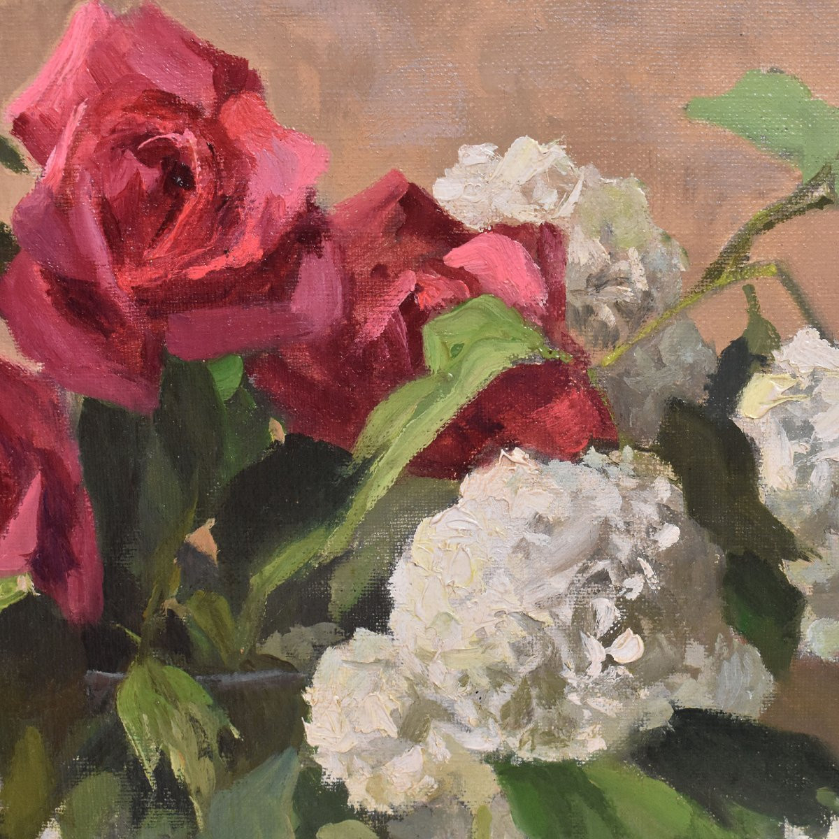 DIPINTI ANTICHI CON FIORI DI ROSE ROSA E PALLON DI MAGGIO, NATURE MORTE, OLIO SU TELA, XX. (QF6-photo-3
